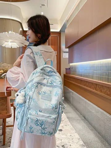 Casual Chinese Style Bamboo Leaf Print Nylon Backpack Large Capacity Multi Pocket School Travel Bag For Men Women
