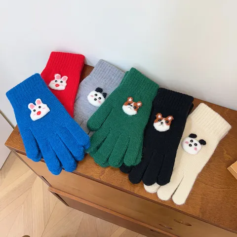 Women Winter Warm Knitted Gloves Cute Cartoon Animal Decor Touch Screen Fingerless Gloves Outdoor Cycling Cold Proof