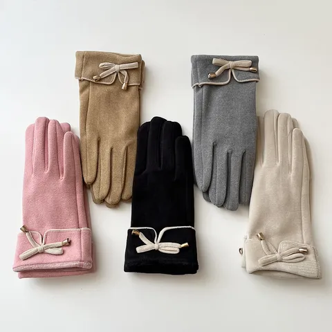 Women's Winter Thermal Velvet Touch Screen Gloves Bow Embroidery Thickened Warm Cold Proof Full Finger Gloves