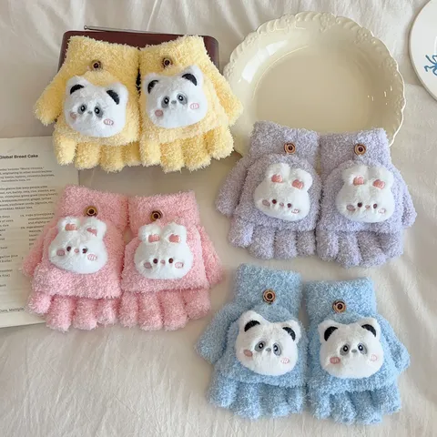 Guantes de Invierno de Felpa Cálida para Niños con Diseño de Panda y Conejo de Dibujos Animados Mitones Gruesos para Estudiantes