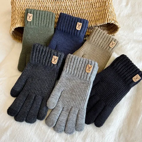 Men Winter Warm Touch Screen Gloves Solid Color Knit Thermal Gloves Outdoor Cycling Driving Full Finger Gloves