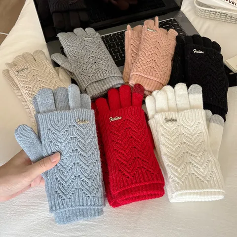 Women Winter Warm Knit Gloves Thickened Touch Screen Five Finger Hollow Out Fashion Double Layer Detachable Gloves