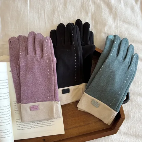 Women's Winter Thermal German Velvet Touchscreen Gloves Fashion Color Block Windproof Cycling Five-Finger Warm Gloves