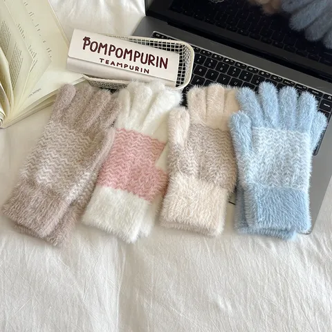 Damen Winter Warm Kunstnerzfell Handschuhe Wellenmuster Fingerlos Touchscreen Strickfäustlinge Tägliche Outdoor Handwärmer