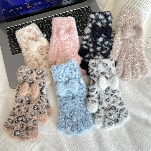Women Winter Warm Faux Mink Fur Gloves Cute Bow Leopard Print Touchscreen Gloves Fashion Casual Daily Wear