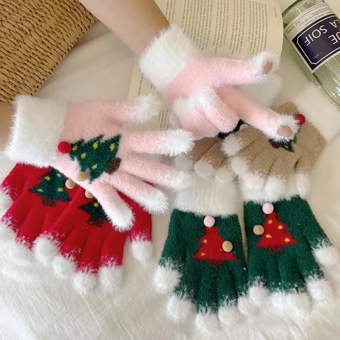 Christmas Tree Pattern Knit Gloves Winter Warm Thickened Touchscreen Full Finger Gloves For Women And Children