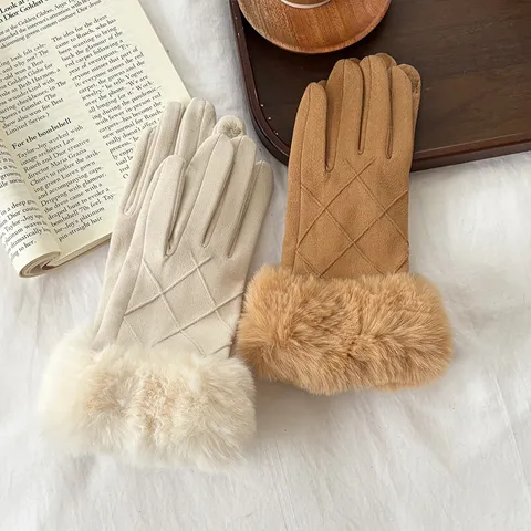 Dames Suède Touchscreen Handschoenen Winter Warm Winddicht Thermisch Fleece gevoerd Pluche Kunstbont Manchet