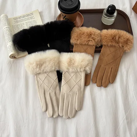 Dames Suède Touchscreen Handschoenen Winter Warm Winddicht Thermisch Fleece gevoerd Pluche Kunstbont Manchet