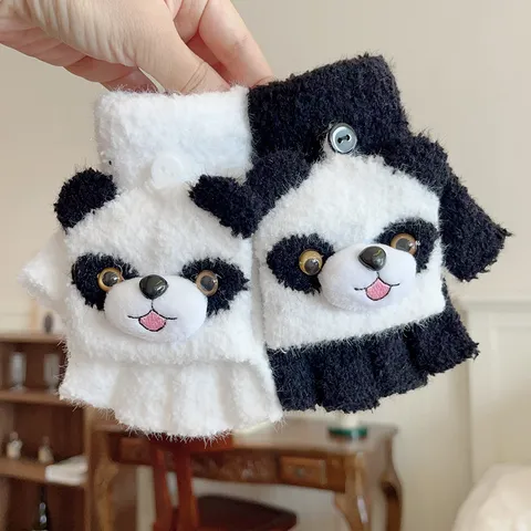 Kids Winter Warm Half Finger Gloves Cute Cartoon Puppy Plush Thickened Convertible Student Writing Gloves