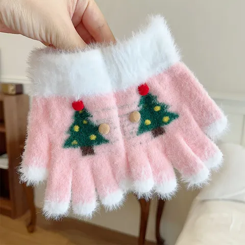 Christmas Tree Pattern Knit Gloves Winter Warm Thickened Touchscreen Full Finger Gloves For Women And Children