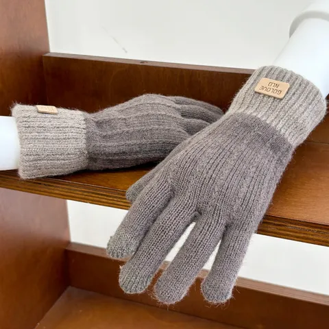 Women Winter Warm Knitted Gloves Touch Screen Imitation Alpaca Fleece Color Block Full Finger Cycling Driving Gloves