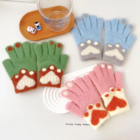 Kids Winter Warm Knitted Gloves Cute Cat Paw Jacquard Thickened Five Finger Thermal Gloves For Children Boys And Girls