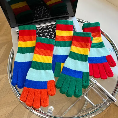 Women Winter Warm Rainbow Striped Knit Gloves Acrylic Touch Screen Fingerless Gloves Fashion Daily Accessories