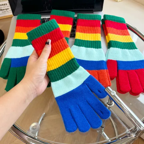 Women Winter Warm Rainbow Striped Knit Gloves Acrylic Touch Screen Fingerless Gloves Fashion Daily Accessories