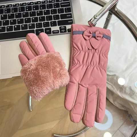 Women Winter Warm Windproof Gloves Fleece Lined Touch Screen Full Finger Gloves With Bowknot For Cycling Daily Wear