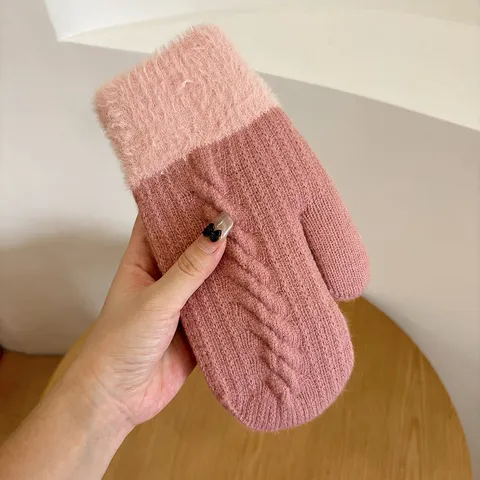 Winter Warm Women Knit Gloves Thickened Plush Cuff Colorblock Cold-Proof Mittens Student Cute Outdoor Cycling Gloves