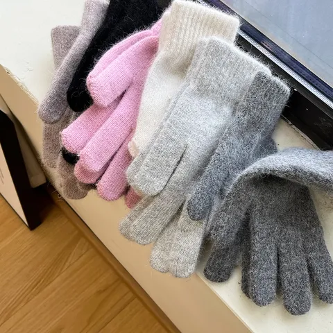 Women Winter Warm Knitted Gloves Rabbit Hair Blend Solid Color Soft Five Finger Gloves Casual Daily Cold Weather Gloves