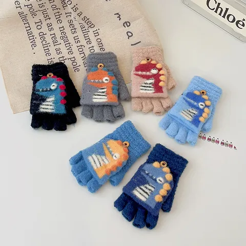 Boys Winter Warm Knitted Gloves Cute Cartoon Dinosaur Half Finger Flip Cover Design Kids Thermal Gloves