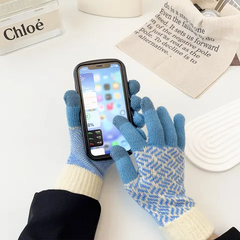 Women Winter Warm Touch Screen Gloves Cute Striped Color Block Knitted Gloves Fashion Casual Gloves
