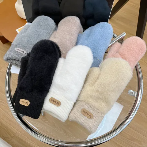 Women Winter Warm Faux Mink Fur Gloves Thickened Double Layer Solid Color Driving Outdoor Thermal Mittens Cold Weather Gear