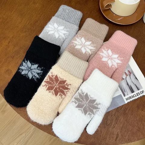 Women Winter Warm Plush Mittens Double Layer Thickened Snowflakes Pattern Knitted Gloves Daily Outdoor Cold Weather