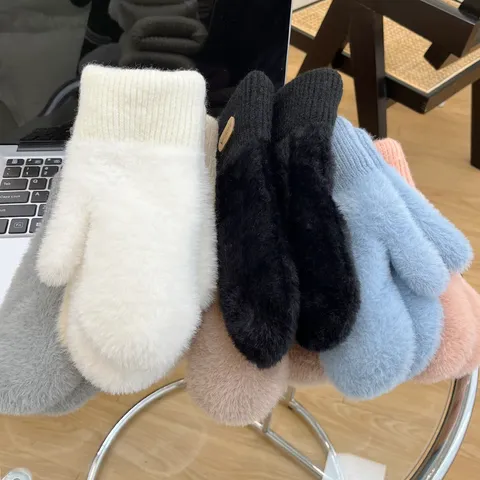 Women Winter Warm Faux Mink Fur Gloves Thickened Double Layer Solid Color Driving Outdoor Thermal Mittens Cold Weather Gear