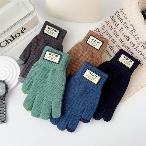 Men Winter Warm Knit Gloves Touch Screen Thickened Thermal Acrylic Solid Color Outdoor Business Casual Gloves