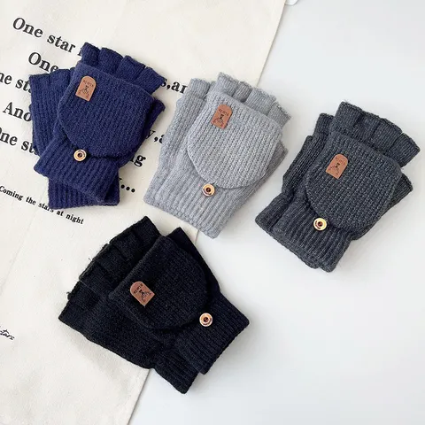 Men Winter Warm Faux Alpaca Velvet Knit Gloves Convertible Fingerless Flip Top Solid Color Business Casual Gloves