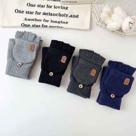 Men Winter Warm Faux Alpaca Velvet Knit Gloves Convertible Fingerless Flip Top Solid Color Business Casual Gloves