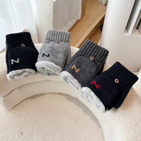 Men's Winter Warm Knit Gloves Acrylic Fleece Lined Half Finger Flip Top Thermal Gloves Touchscreen Fashion Mittens