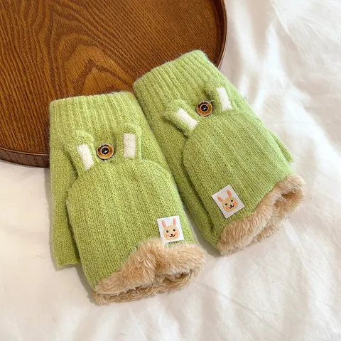 Women Winter Warm Faux Alpaca Velvet Half Finger Gloves Cute Rabbit Ear Jacquard Thickened Fleece Lined Flip Cover Cycling Gloves