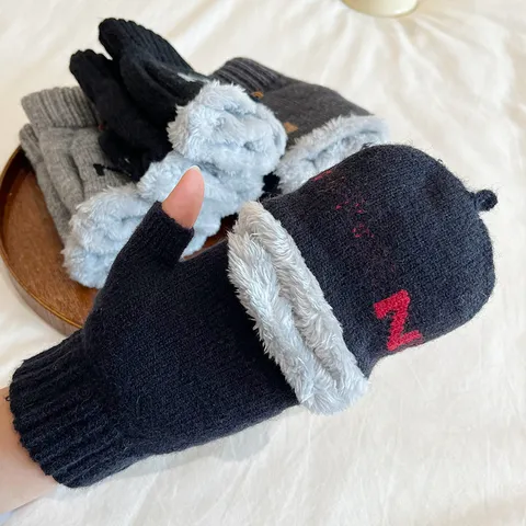 Men's Winter Warm Knit Gloves Acrylic Fleece Lined Half Finger Flip Top Thermal Gloves Touchscreen Fashion Mittens