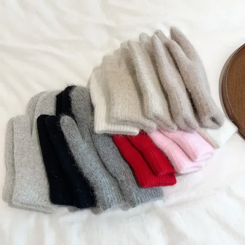 Women Winter Warm Rabbit Fur Blend Mittens Thickened Double Layer Plush Windproof Cold Weather Soft Cute Mittens Gloves