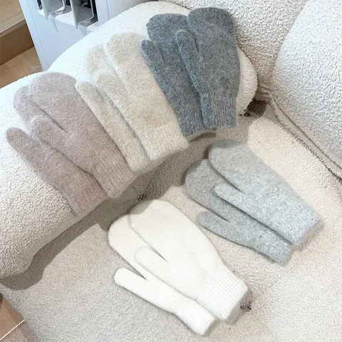Women Winter Warm Rabbit Fur Blend Mittens Thickened Double Layer Plush Windproof Cold Weather Soft Cute Mittens Gloves
