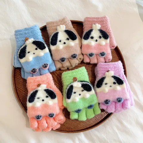 Kids Cartoon Dog Winter Warm Gloves Cute Half Finger Flip Top Thickened Knit Mittens Children Outdoor Cold Proof Gloves