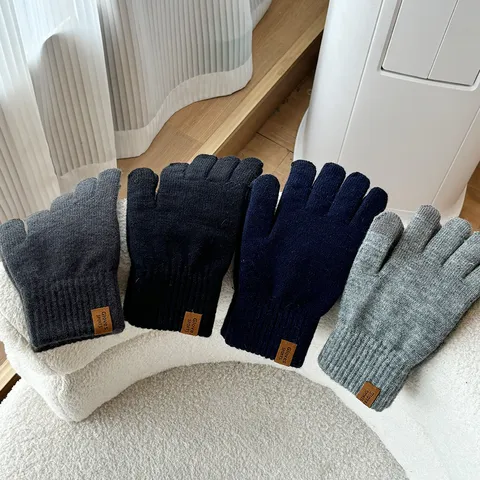 Men Winter Warm Knit Gloves Touch Screen Full Finger Business Casual Solid Color Acrylic Gloves For Cycling Commuting