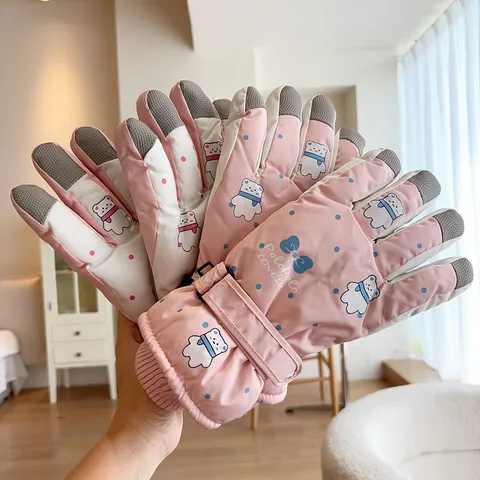 Women's Cute Bear Pattern Touch Screen Warm Windproof Ski Gloves Winter Thermal Thickened Polyester Fiber Gloves
