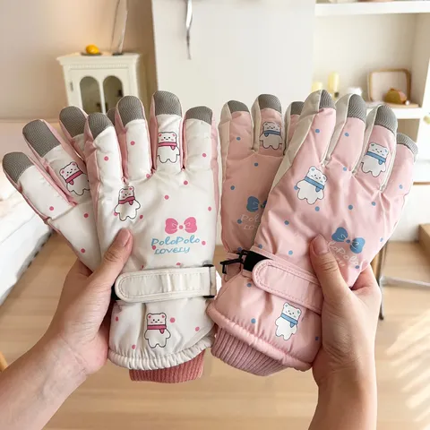 Women's Cute Bear Pattern Touch Screen Warm Windproof Ski Gloves Winter Thermal Thickened Polyester Fiber Gloves