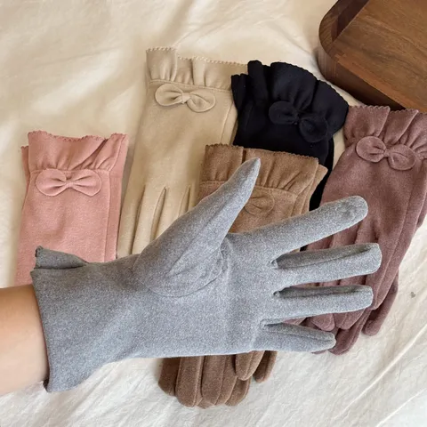 Women German Velvet Winter Warm Full Finger Gloves Cute Bow Lace Trim Windproof Driving Cycling Gloves