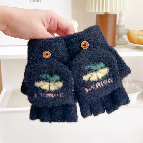 Women Winter Warm Woolen Half Finger Flip Top Gloves Cute Lemon Embroidery Casual Outdoor Mittens