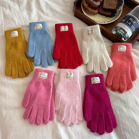 Women Winter Warm Touchscreen Gloves Rabbit Hair Blend Solid Color Knit Gloves With English Label Cold Weather Mittens