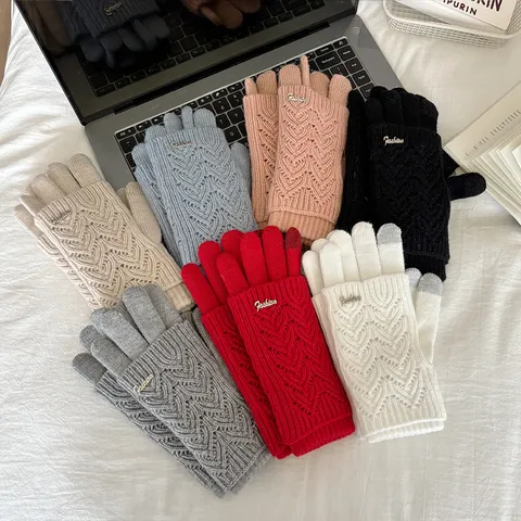 Women Winter Warm Knit Gloves Thickened Touch Screen Five Finger Hollow Out Fashion Double Layer Detachable Gloves