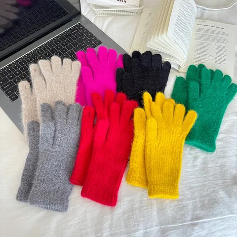 Women Winter Warm Rabbit Hair Blend Touchscreen Gloves Solid Color Thickened Mittens