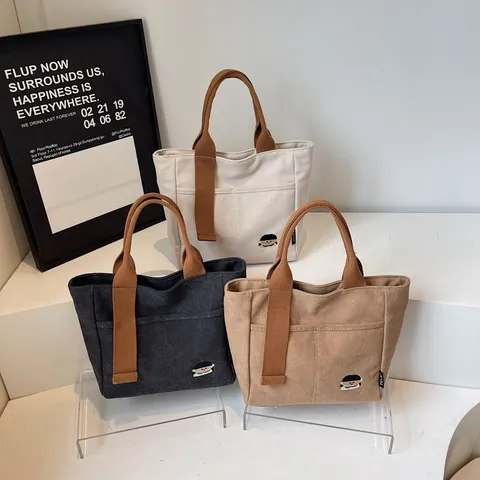 Women Canvas Tote Bag Casual Large Capacity Commuter Handbag Thickened Shoulder Bag Japanese Style Embroidery Daily Bag