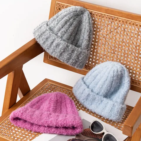 Gorro de Punto de Mezcla de Lana Espesado Invierno Exterior Cálido Gorro Pullover Color Sólido Moda Casual Gorro de Punto