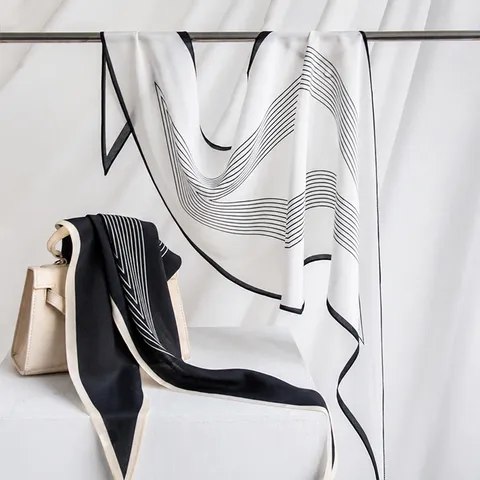 Pañuelo de Seda de Morera para Mujer Elegante Estampado de Rayas Geométricas Chal Ligero Parasol Pañuelo de Moda Para Desplazamiento Diario
