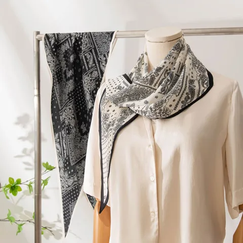 Bufanda de Seda de Morera para Mujer Elegante Retro Estampado Paisley Largo Crepe De Chine Chal Solar Moda Pañuelo Envolvente