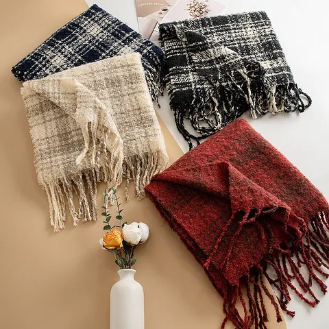 Bufanda de Cuadros Cálida de Invierno para Mujer Imitación Cachemira Chal con Flecos Moda Casual Bufanda Larga Envolvente Regalo Diario