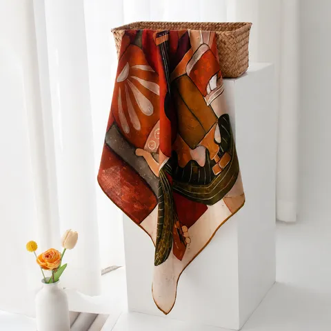 Bufanda Cuadrada de Seda y Lana para Mujer Elegante Estampado Artístico de Guitarra de Doble Cara Caliente Pañuelo de Invierno Chal de Moda