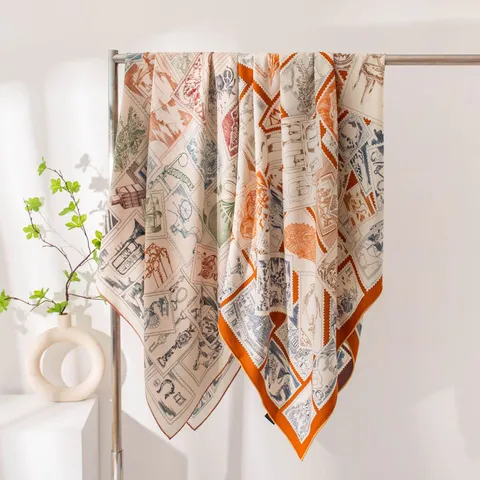 Bufanda Cuadrada de Seda y Lana Vintage Mujeres Hombres Lujo Estampado Sellos Chal Grande Moda Cálido Cuello de Invierno